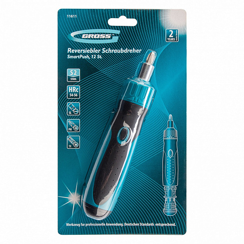 Отвертка-реверс + механизм SmartPush + биты, 12 пред., PH + SL + Torx, S2, 2к рукоятка// Gross Отвертка-реверс + механизм SmartPush + биты, 12 пред., PH + SL + Torx, S2, 2к рукоятка// Gross