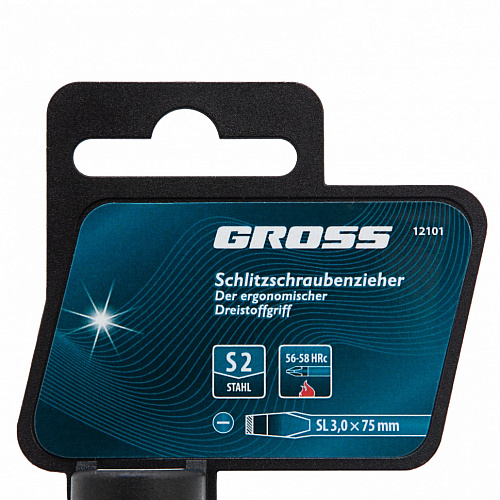 Отвертка, SL3,0x75 мм, S2, 3к рукоятка// Gross Отвертка, SL3,0x75 мм, S2, 3к рукоятка// Gross
