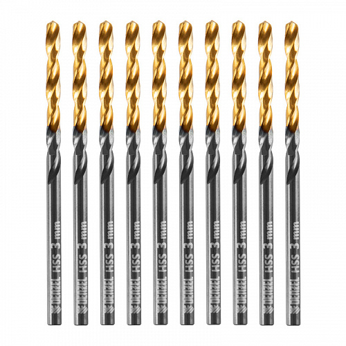 Сверло по металлу, 3 мм, HSS-Tin, Golden Tip, 10 шт.// Denzel Сверло по металлу, 3 мм, HSS-Tin, Golden Tip, 10 шт.// Denzel