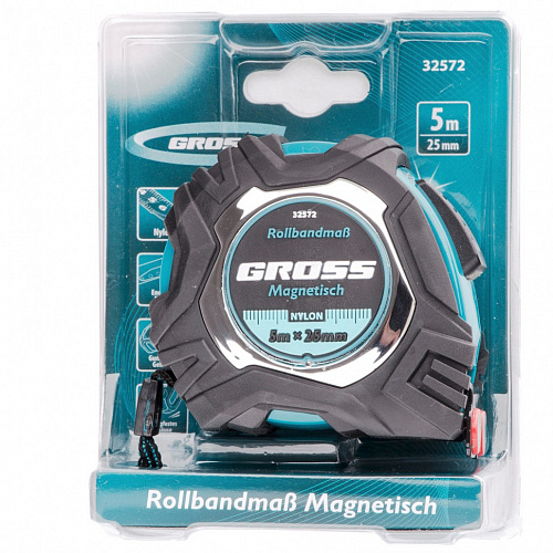 Рулетка Magnetisch, 5м х 25мм, обрезин. корпус,автоматич. фиксация, нейлон. покр.,магн.зацеп// Gross Рулетка Magnetisch, 5м х 25мм, обрезин. корпус,автоматич. фиксация, нейлон. покр.,магн.зацеп// Gross