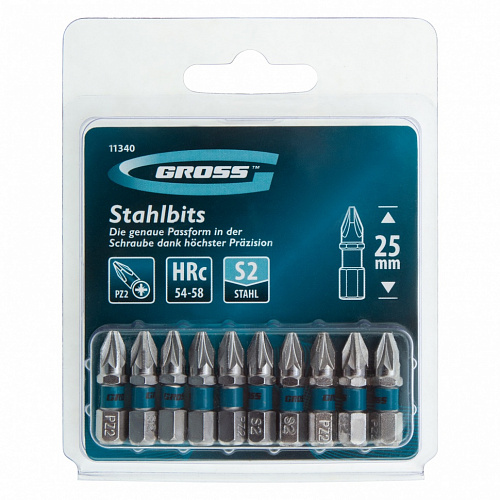 Набор бит PZ2х25, сталь S2, 10 шт.// Gross Набор бит PZ2х25, сталь S2, 10 шт.// Gross