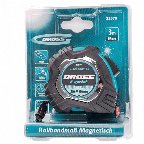 Рулетка Magnetisch, 3м х 16мм,обрезин. корпус,автоматич. фиксация, нейлон. покр.,магн. зацеп// Gross Рулетка Magnetisch, 3м х 16мм,обрезин. корпус,автоматич. фиксация, нейлон. покр.,магн. зацеп// Gross