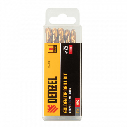 Сверло по металлу, 7,5 мм, HSS-Tin, Golden Tip, 8 шт.// Denzel Сверло по металлу, 7,5 мм, HSS-Tin, Golden Tip, 8 шт.// Denzel