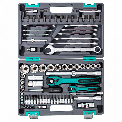 Набор инструментов 1/2", 1/4", CrV, 12 гранные головки, пластиковый кейс, 82 предмета// Stels Набор инструментов 1/2", 1/4", CrV, 12 гранные головки, пластиковый кейс, 82 предмета// Stels
