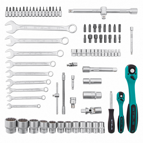 Набор инструментов 1/2", 1/4", CrV, 12 гранные головки, пластиковый кейс, 82 предмета// Stels Набор инструментов 1/2", 1/4", CrV, 12 гранные головки, пластиковый кейс, 82 предмета// Stels