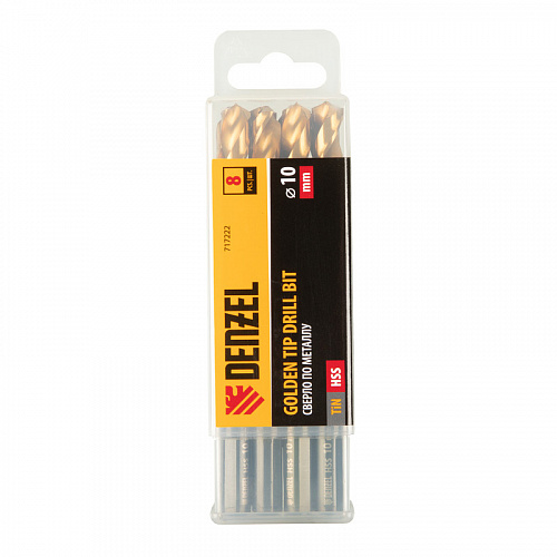 Сверло по металлу, 10 мм, HSS-Tin, Golden Tip, 8 шт.// Denzel Сверло по металлу, 10 мм, HSS-Tin, Golden Tip, 8 шт.// Denzel